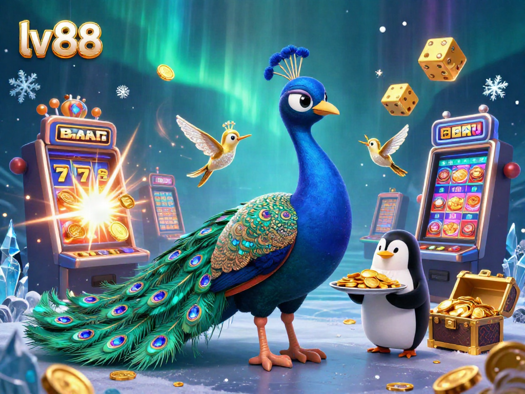 Engage with the vibrant lv 88 casino scene featuring a peacock, penguin, and colorful gaming elements.