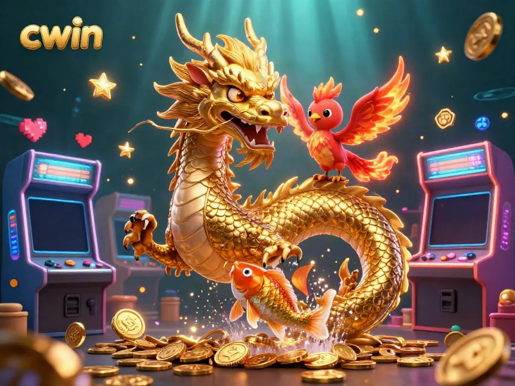 Experience thrilling gameplay with CWIN as a golden dragon, phoenix, and koi fish celebrate success in this vibrant casino scene.
