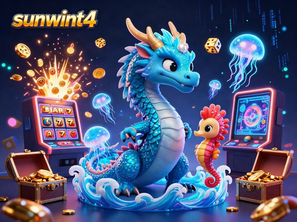 Experience gaming thrills at sunwint4 with a vibrant casino scene featuring a dragon and seahorse knight.