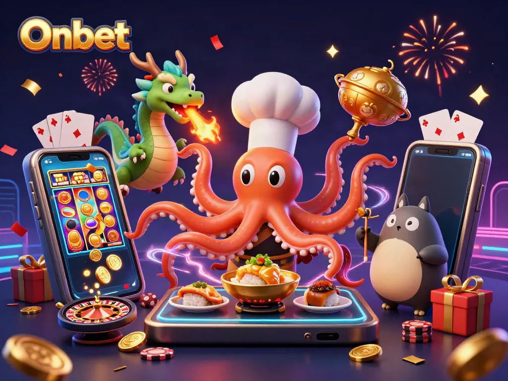 Experience Onbet with a dynamic scene featuring a sushi chef octopus, a dragon, and a tanuki amidst casino elements.