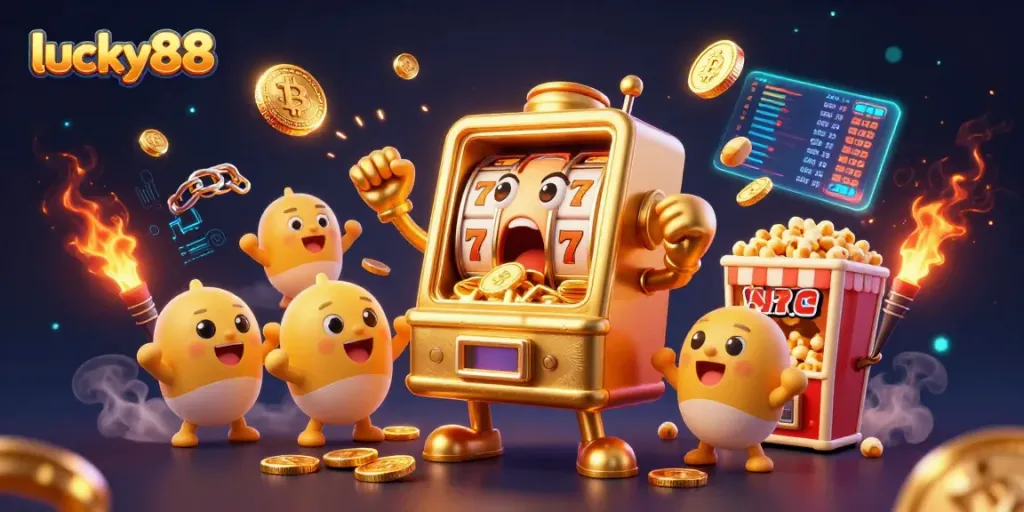 Play lucky88 slots and win big with exciting jackpots featuring a cartoon golden slot machine.