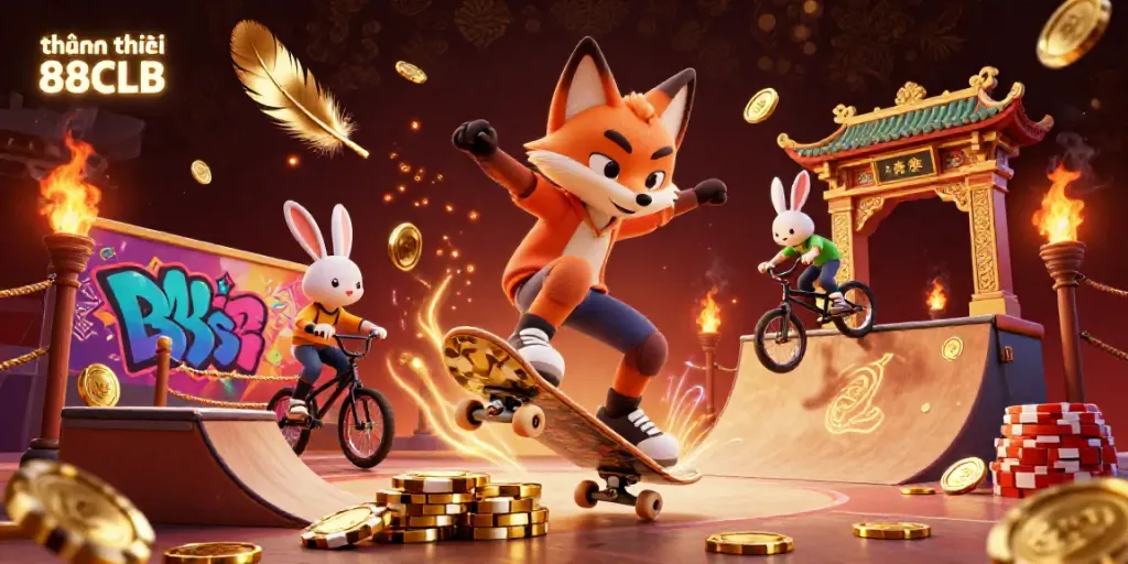 Engaging 3D scene showcasing thương hiệu 88CLB with a skateboarder fox and BMX rabbit surrounded by vibrant casino elements.