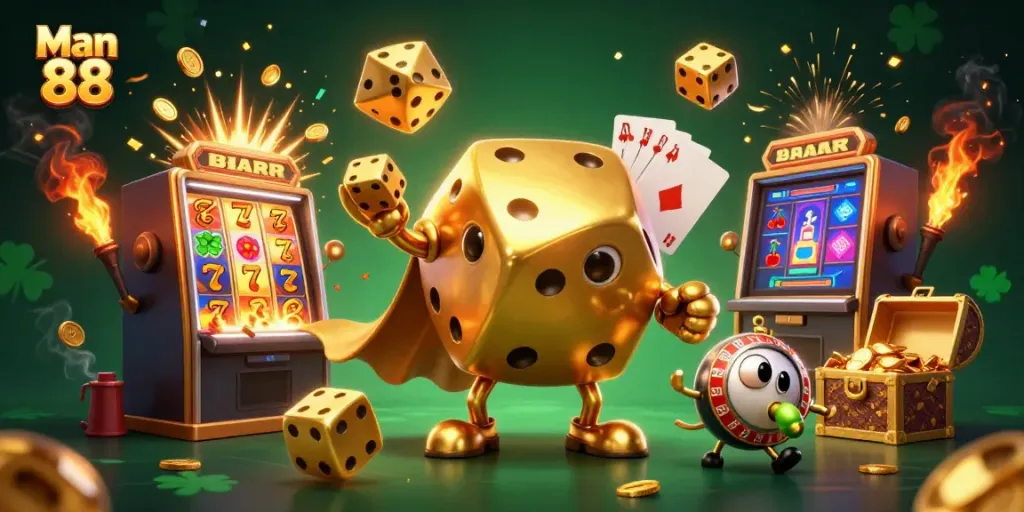 Experience thrilling wins with Man 88 at the vibrant jackpot scene featuring golden dice and casino games.