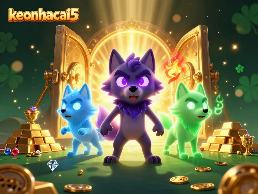 Bet on keonhacai5 and witness a mystical wolf pack leading an exciting treasure hunt in a golden treasure vault.