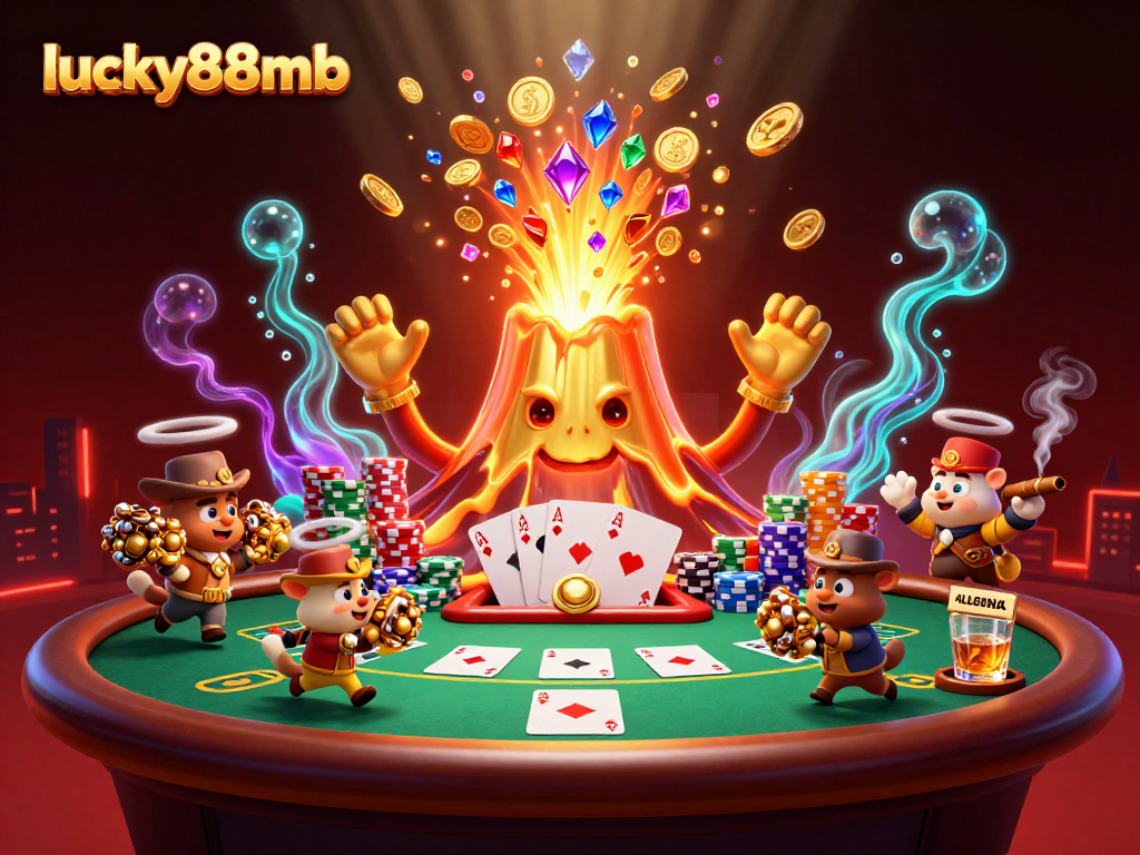 Experience thrilling wins at lucky88mb with a vibrant casino illustration showcasing a golden volcano erupting with treasures.