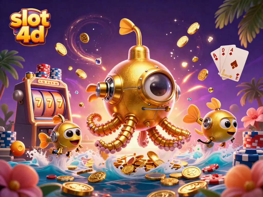 Slot 4d menunjukkan gulungan mesin slot dengan makhluk laut dan tumpukan koin keberuntungan yang berkilauan.