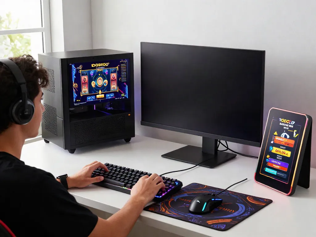 An enthusiastic player engaging with ODDIGO slot gacor hari ini on a vibrant gaming setup.