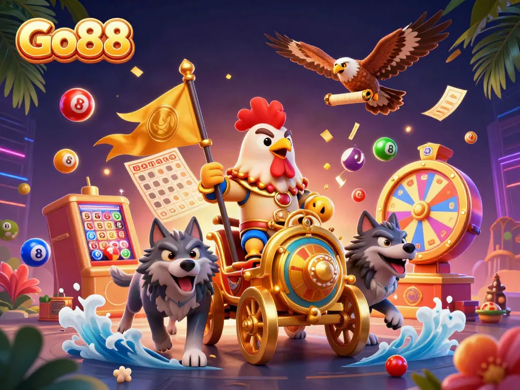 Experience the excitement of Go88 with colorful lottery elements and a vibrant casino atmosphere.
