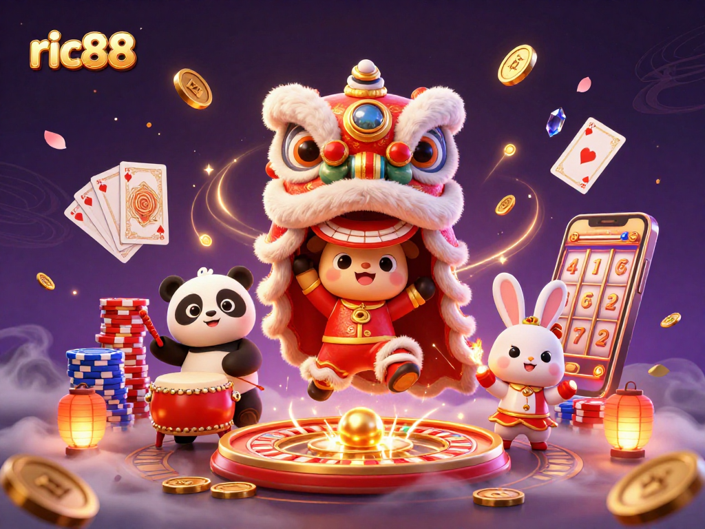 Experience the thrilling world of ric88 with a dynamic casino-themed illustration featuring exciting game elements.