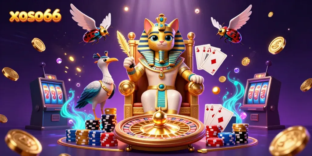 Experience the vibrant excitement of xoso66 with dazzling casino elements depicted in a dynamic 3D scene.