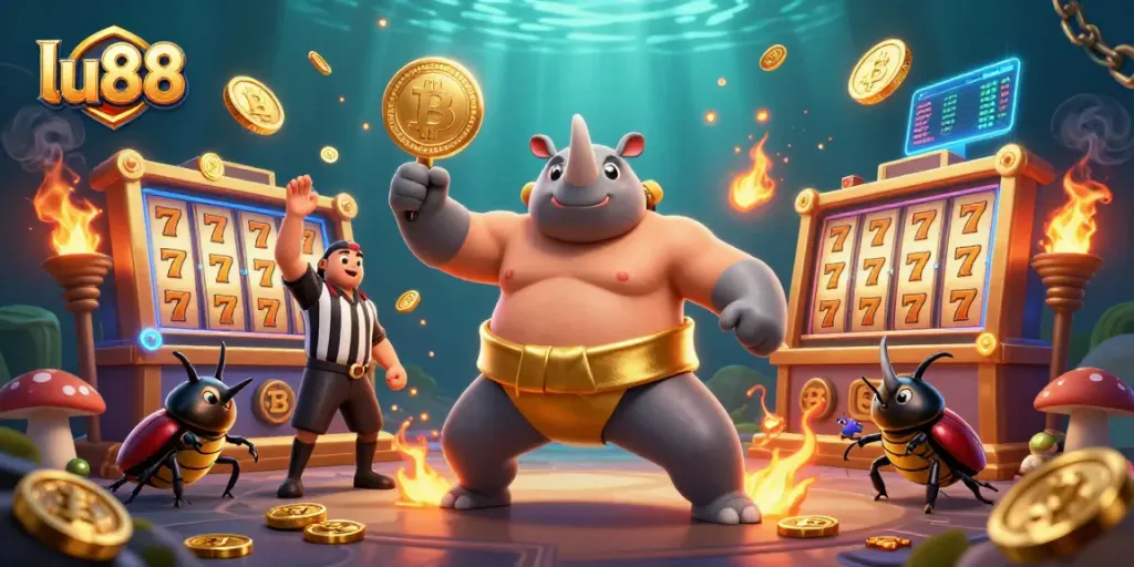 Experience the excitement at lu88 with a vibrant scene capturing a beetle sumo champion amidst flying coins and slot game elements.