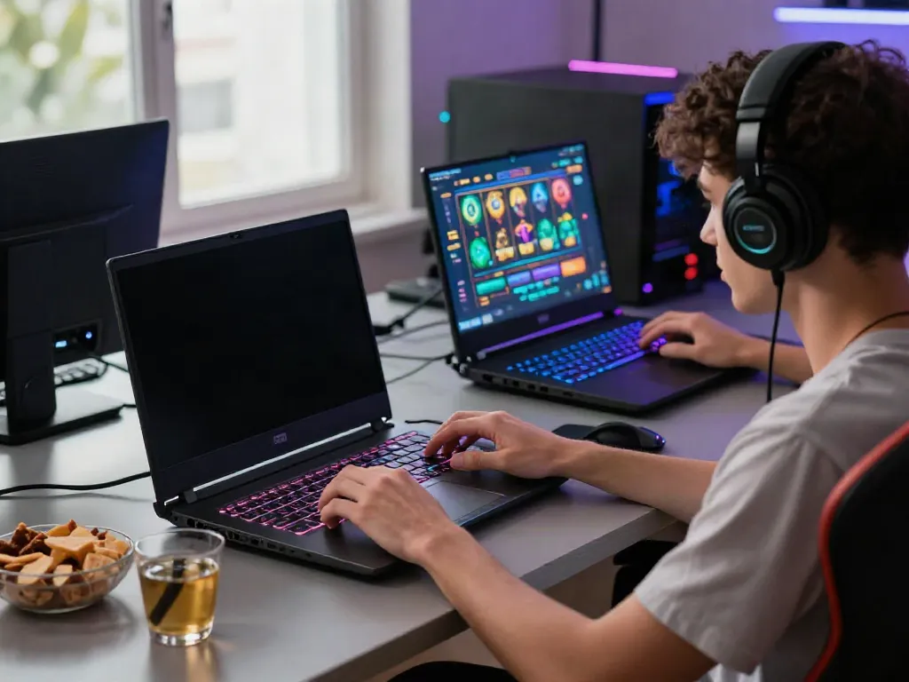 Player enjoying slot qris games on a vibrant gaming laptop in a cozy setup.