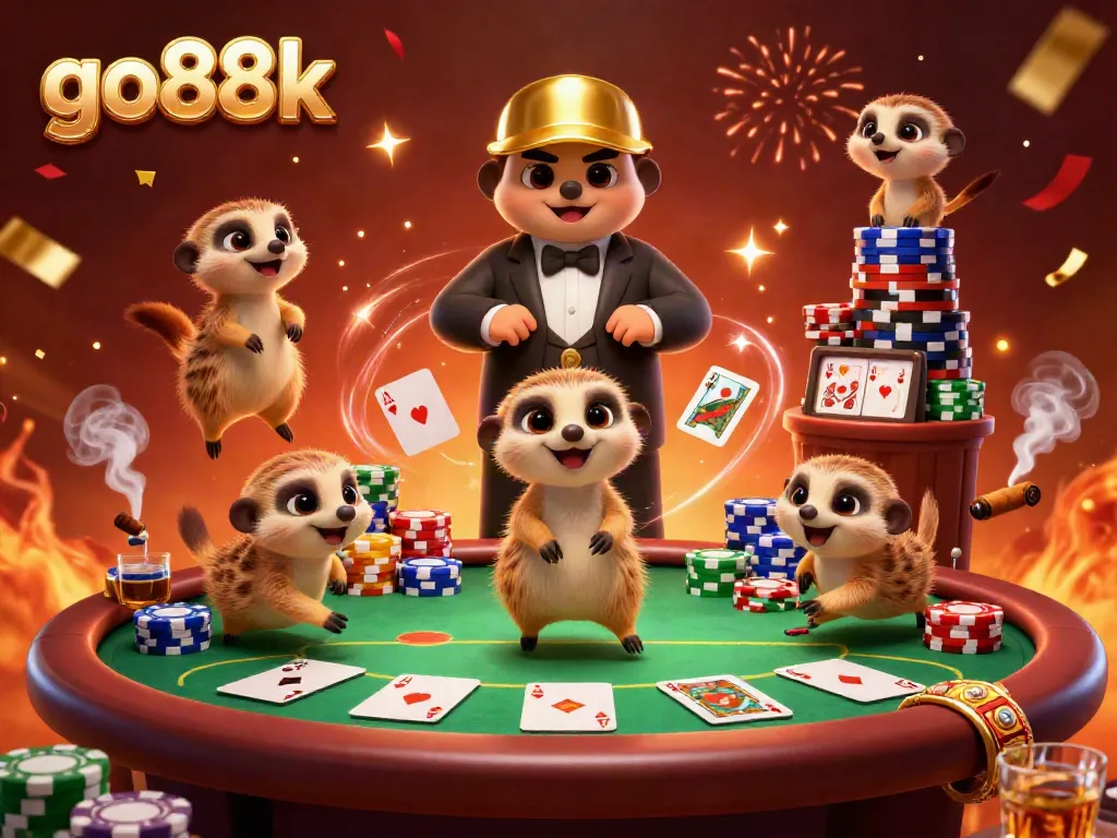 Experience the excitement at go88k with meerkats running a vibrant casino, showcasing intense poker action.