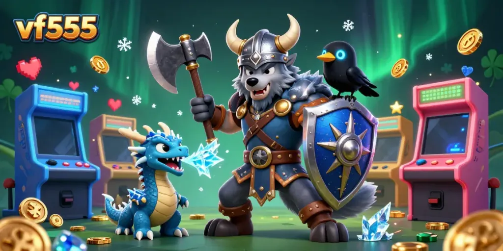 Engaging scene featuring vf555 Viking warrior and dragon in a vibrant casino-themed adventure.