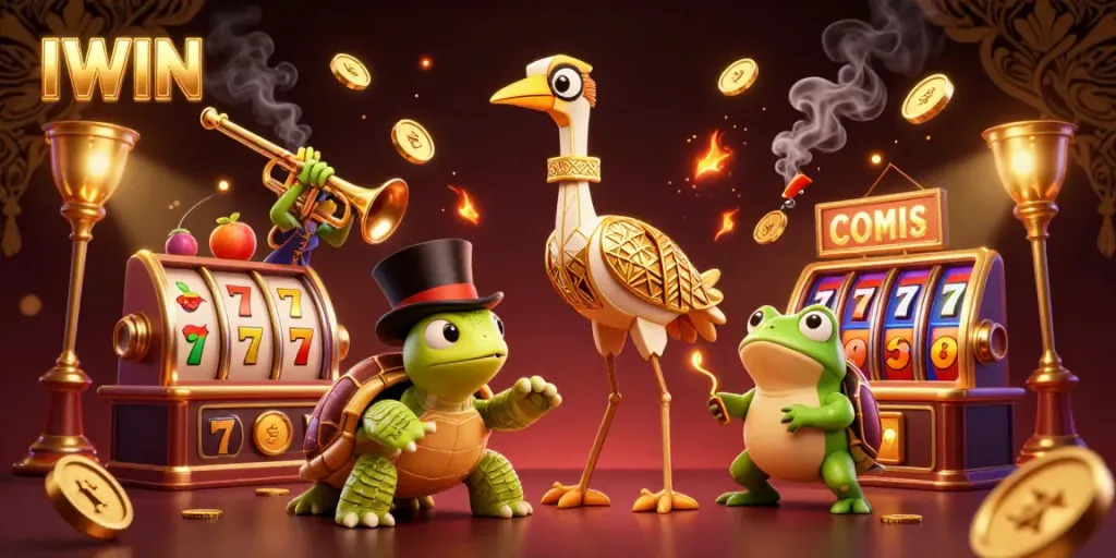 IWIN's captivating casino illustration showcases a lively scene with slot reels and vibrant characters, embodying a dynamic gaming atmosphere.