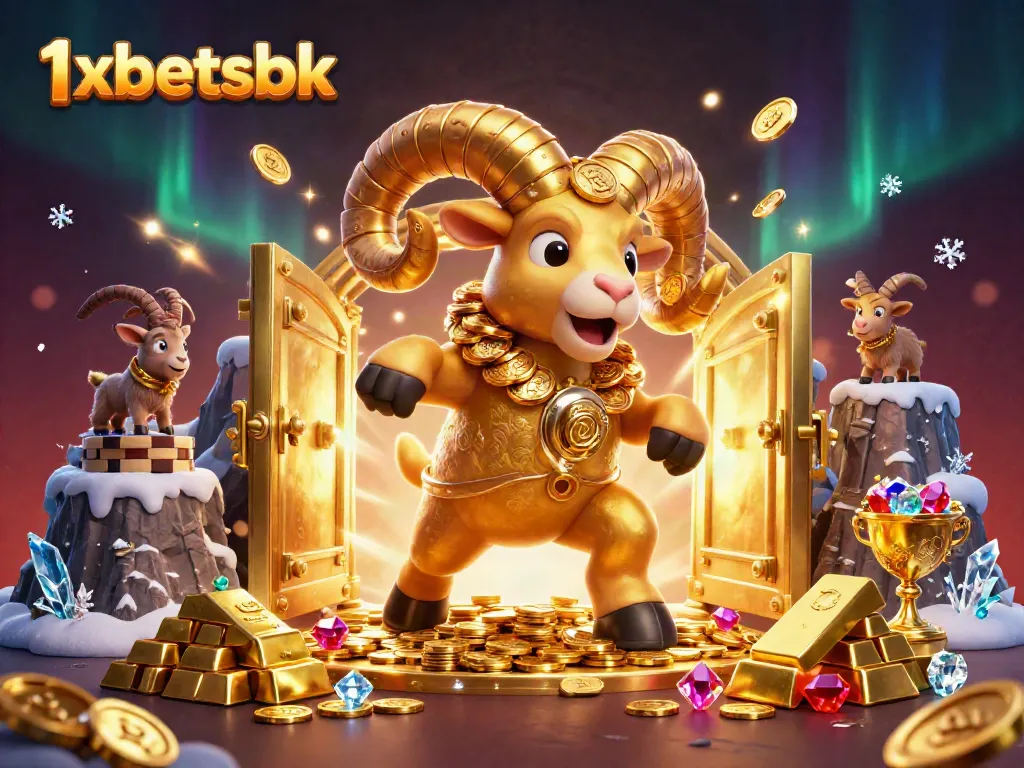 Engage with thrilling 1xbetsbk gameplay featuring a golden ram charging towards a treasure vault.
