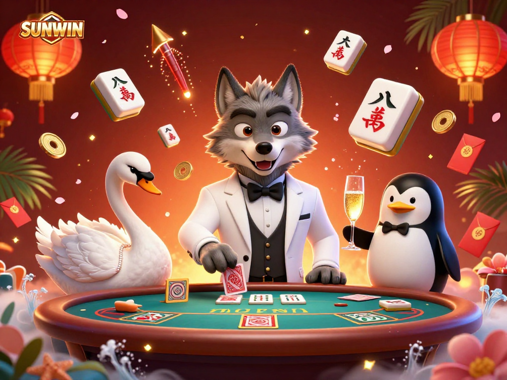 SUNWIN players enjoying baccarat with debonair characters and festive elements in a vibrant casino scene
