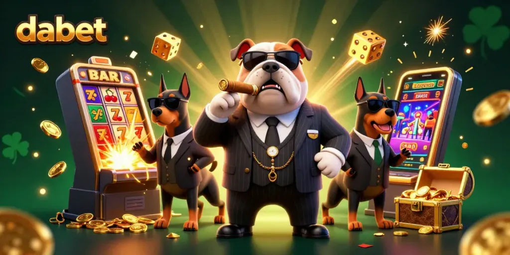 DABET showcases an energetic scene with a mafia bulldog and Doberman bodyguards amid casino excitement.