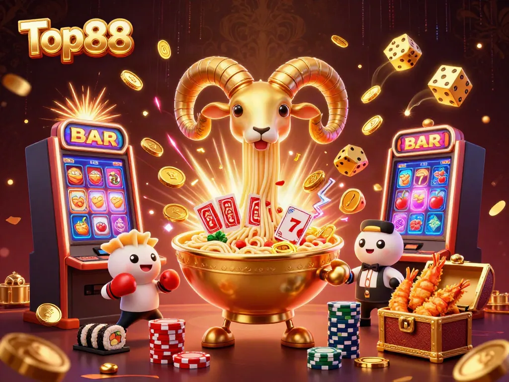 Engaging Top88 casino scene with vibrant characters, cards, and jackpot elements animated around a dynamic setup.