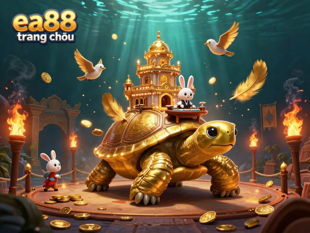 Experience the thrill of ea88 trang chủ with a vibrant 3D casino scene, featuring a golden tortoise and rabbit dealer.