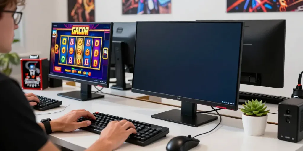 Engaged gamer exploring slot gacor games on a high-resolution digital display