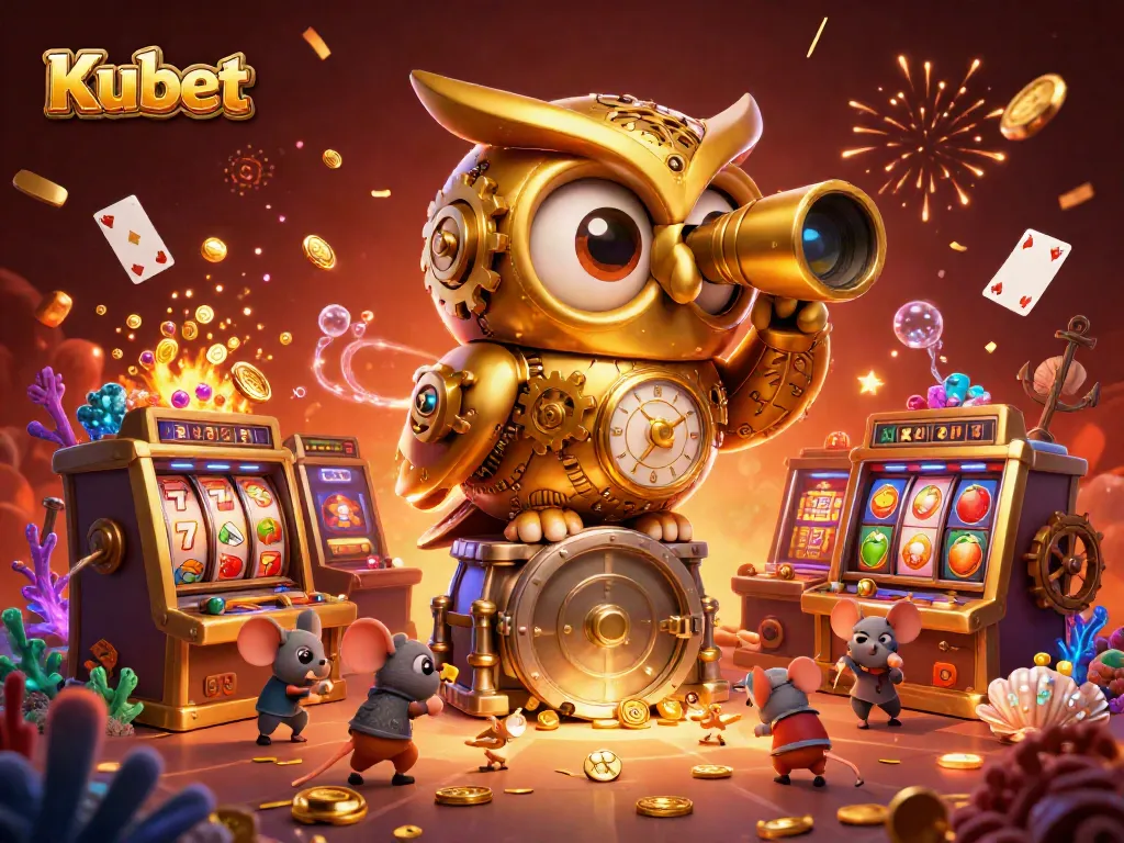 Kubet's animated golden owl overseeing vibrant casino excitement with dynamic slot machines and winning gems.