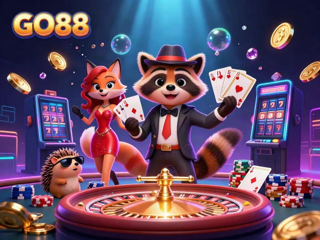 Experience GO88 with a suave raccoon and a stylish fox, surrounded by casino excitement.