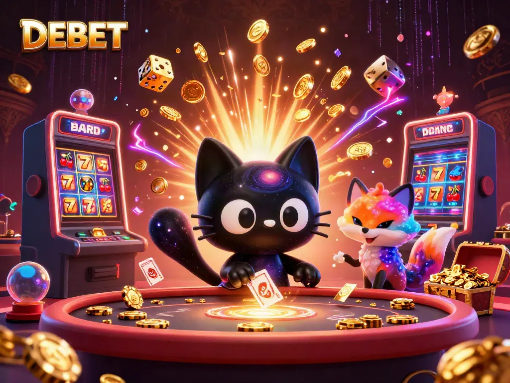 DEBET features a cosmic scene with a black hole cat and nebula fox amid gaming delights.