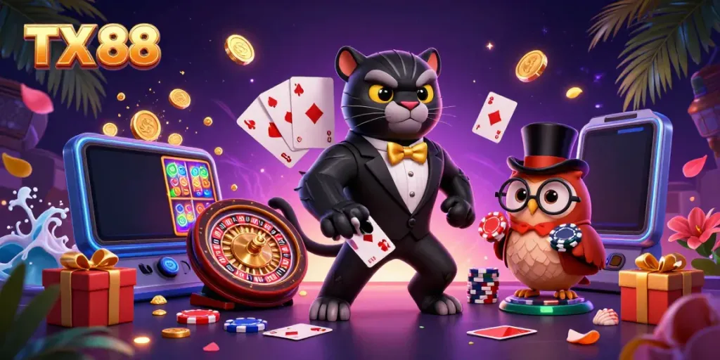 Engage with TX 88 in an exciting casino scene featuring a stylish panther. Deal cards amidst colorful winnings!