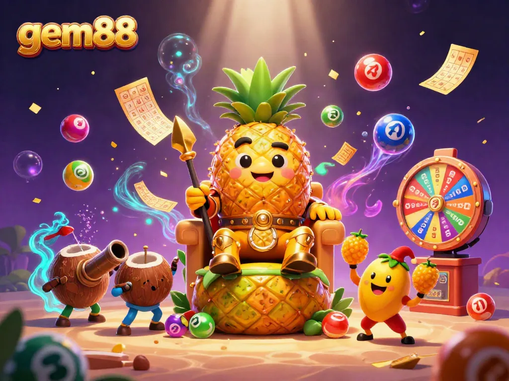 Experience thrilling games with gem88, featuring vibrant casino elements and animated characters in a lively celebration.