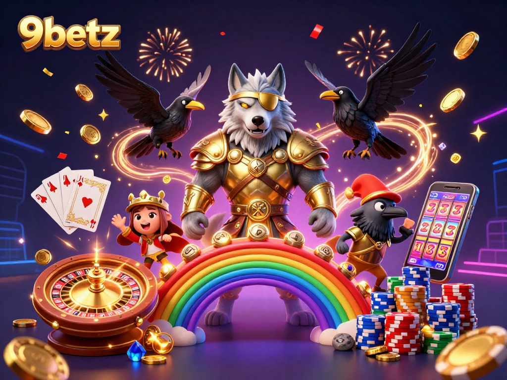 Engage with 9betz through an electrifying casino scene filled with coins, cards, and mystical elements.