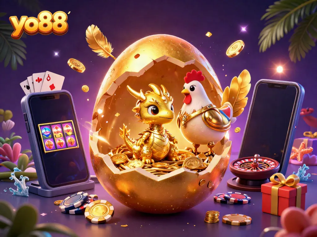 Experience the exciting world of yo88, featuring a golden baby dragon and casino elements.