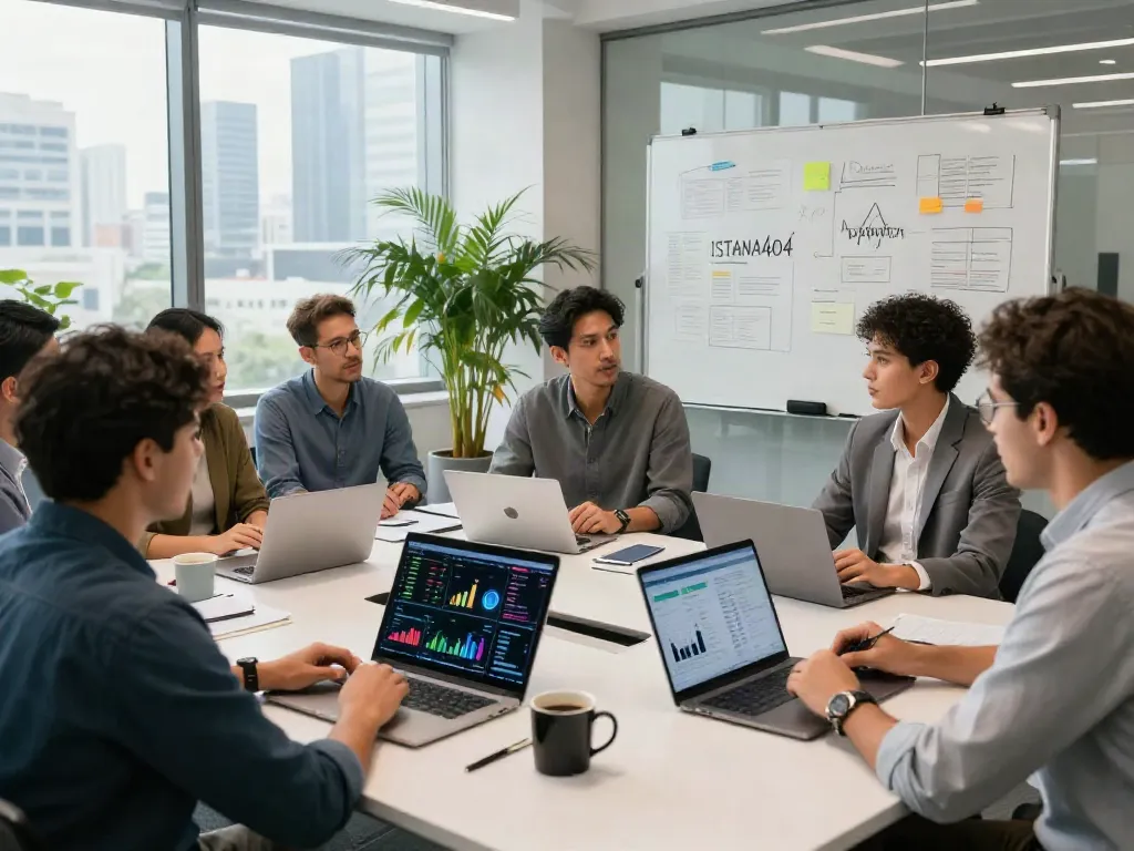 Discussing business innovations at ISTANA 404, showcasing teamwork and technology trends in a modern workspace.
