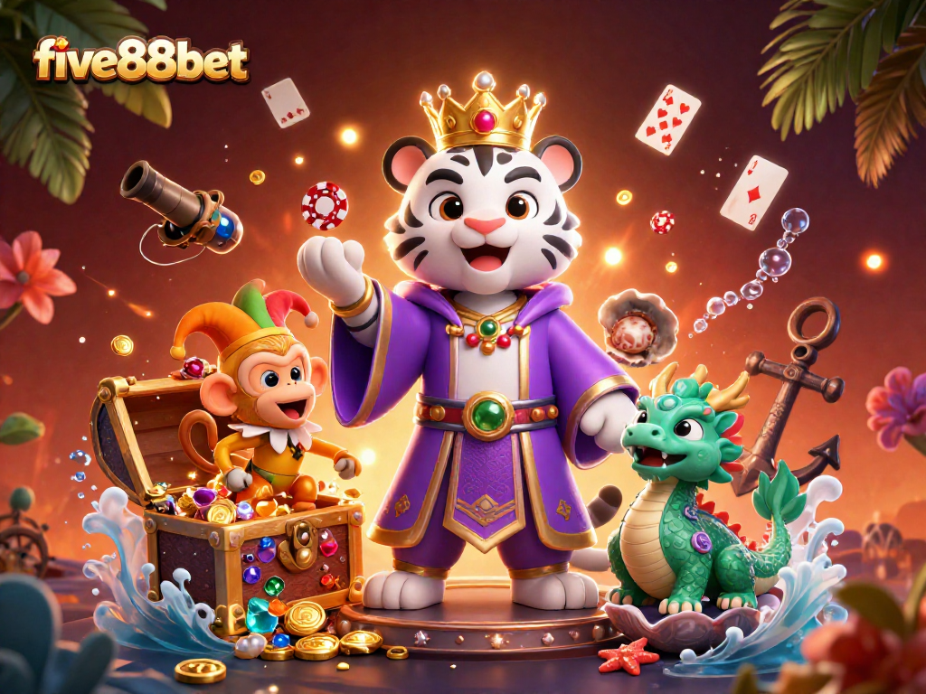 Experience the excitement of five88bet with a vibrant 3D casino illustration showcasing lively characters and dynamic game elements.