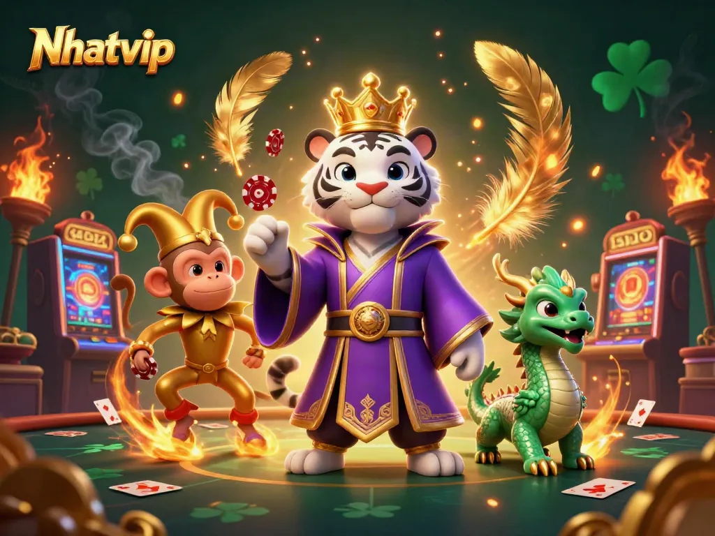 Nhatvip showcases an exciting casino scene featuring a white tiger, a golden monkey, and a jade dragon among vivid gaming elements.