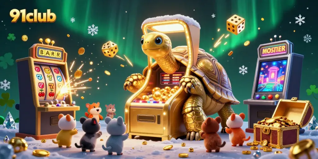 Experience the vibrant energy of 91club with golden tortoise, slot machines, and festive casino elements.