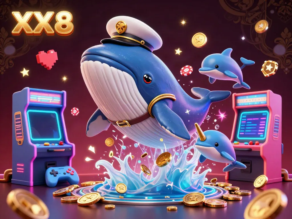 Engage in thrilling baccarat action with XX 8's vibrant 3D casino art featuring playful marine characters.