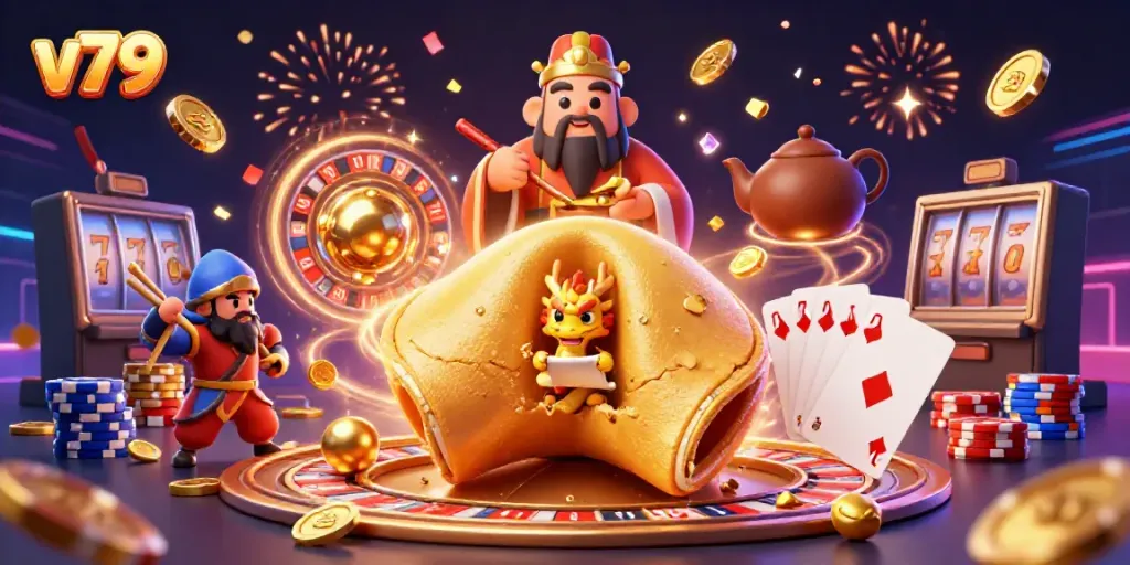 Watch the v79 casino magic unfold with golden coins, a wise dragon, and dynamic game elements.