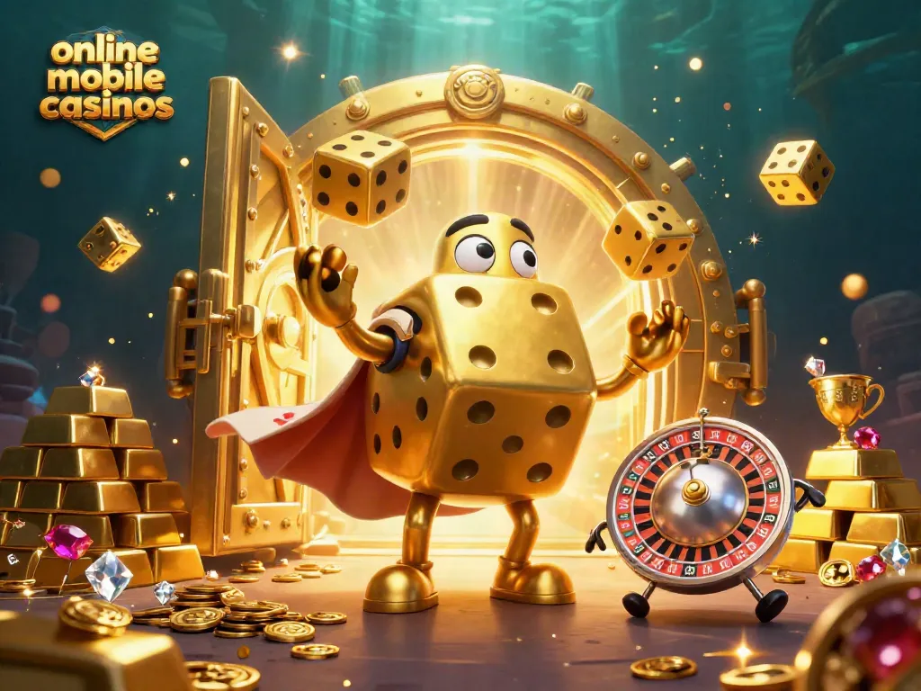 Engage with online mobile casinos in this dynamic scene featuring golden dice and treasure elements.