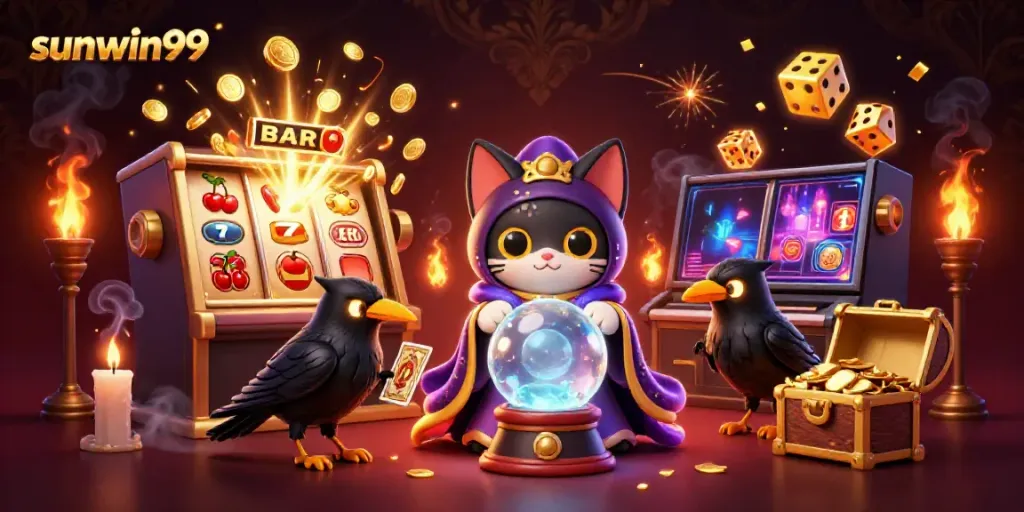 Experience the thrill of sunwin99 with a vibrant 3D casino scene featuring mystical characters and jackpots.