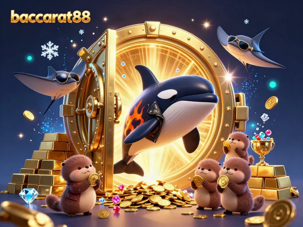 Baccarat88's thrilling online gaming experience featuring a playful whale, a stylish stingray, and otters with gold coins.
