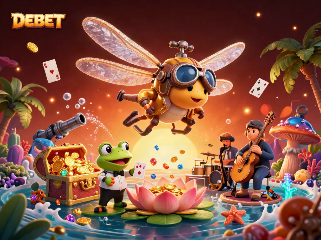 Experience thrilling casino action with DEBET where a dragonfly pilot and frog croupier create a vibrant gaming atmosphere.