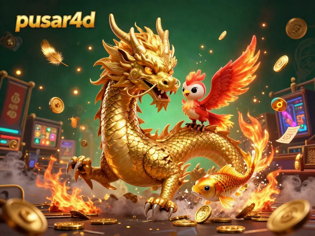 Pusar4d brings luck with a fierce golden dragon, a red phoenix, and a koi fish swimming through coins in an exciting casino scene.