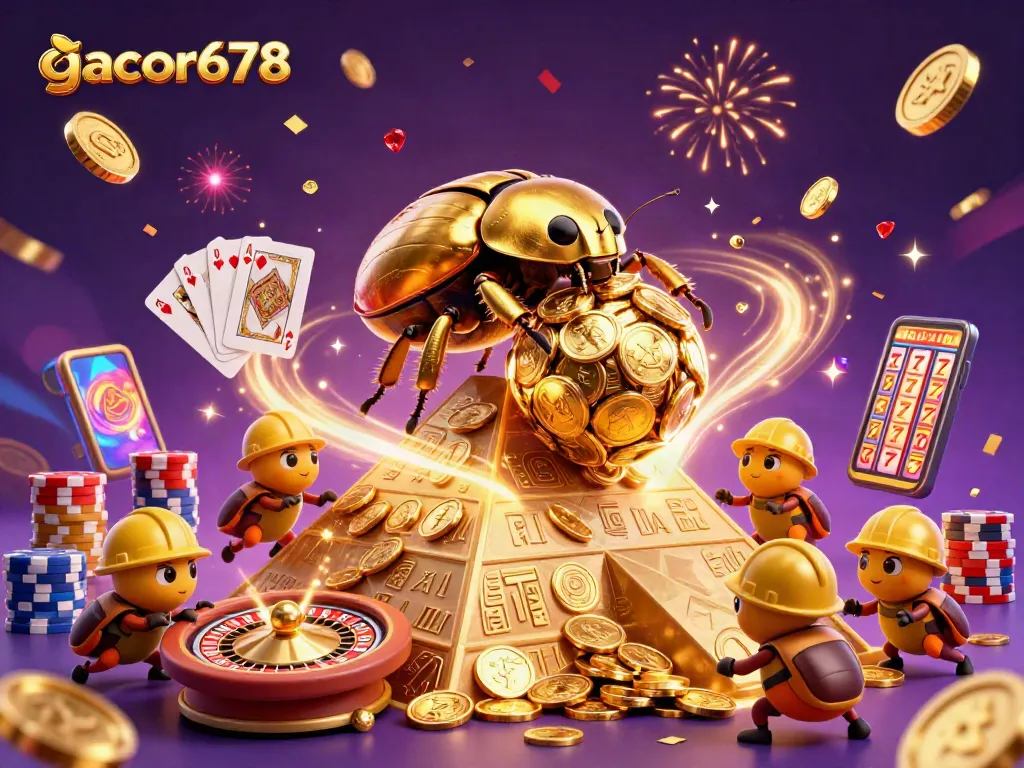 Engage with gacor678's vibrant casino world featuring golden beetles amidst sparkling treasures.