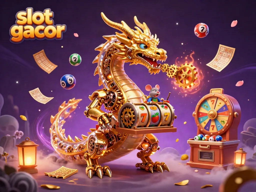 Experience the thrill of slot gacor with a vibrant scene featuring a golden dragon amidst dynamic game elements.