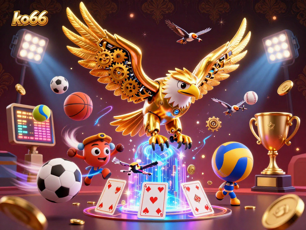 Engage with ko66's vibrant gaming experience featuring a majestic cybernetic eagle amidst dynamic sports elements.
