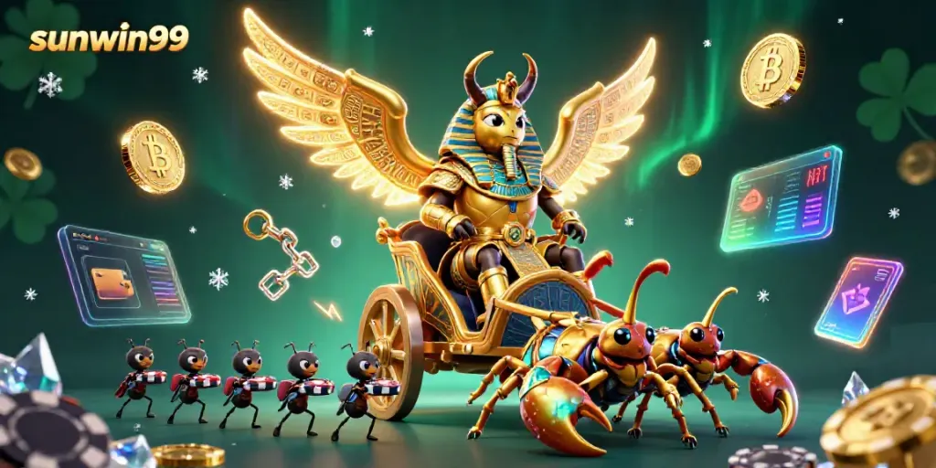 Spin the reels in style with sunwin99, showcasing a grand casino scene with dazzling characters and elements.