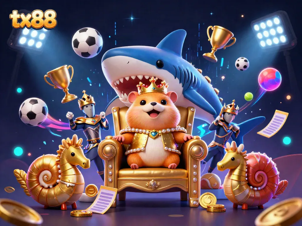 Win big with tx88 featuring a fierce golden hamster king on a megalodon throne amidst dynamic sports elements.