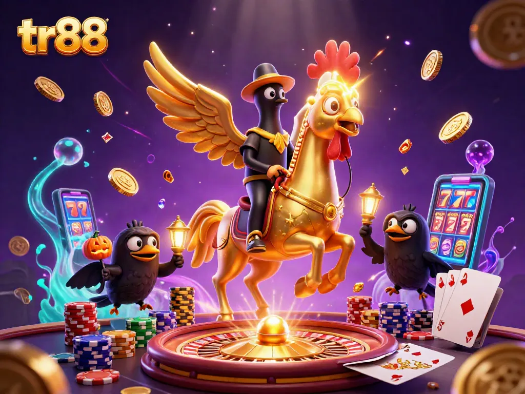 Engage in exhilarating gameplay at tr88 with golden rooster mascot amidst casino riches.