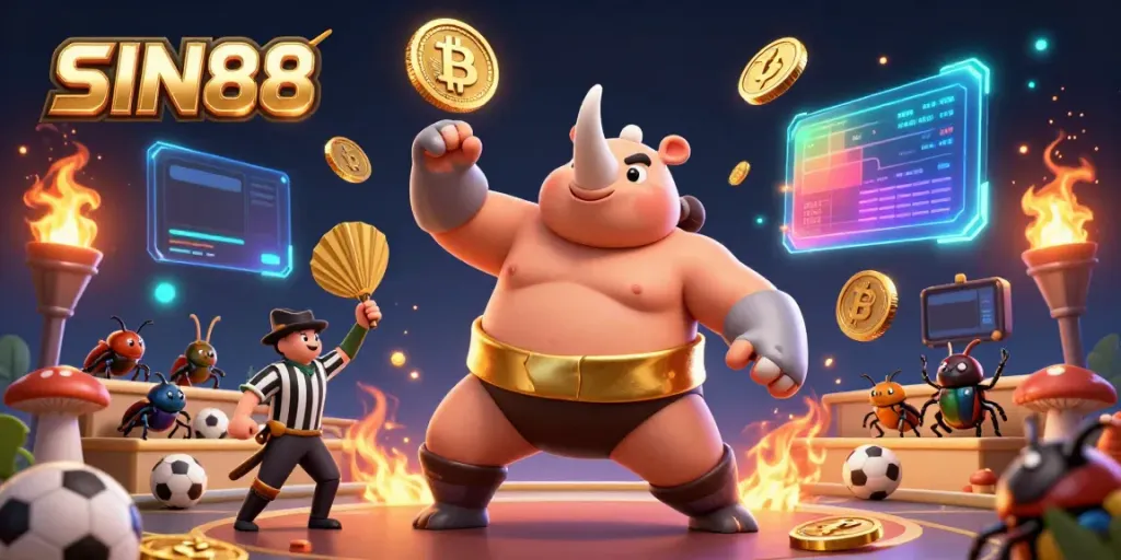 Experience thrilling sports betting action with SIN88 in a vibrant 3D illustration featuring unique characters and dynamic elements.